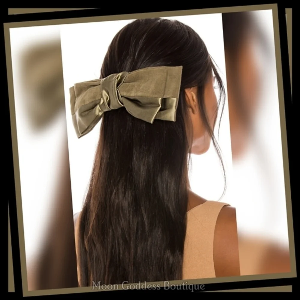 Oversized Satin Hair Bow ✦ Olive Green Ribbed Barrette ✦ Weddings Prom Formal - Picture 3 of 5